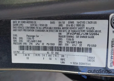 2018 Ford Fiesta Se z USA, uszkodzony, nr VIN 3FADP4EJ1JM122084